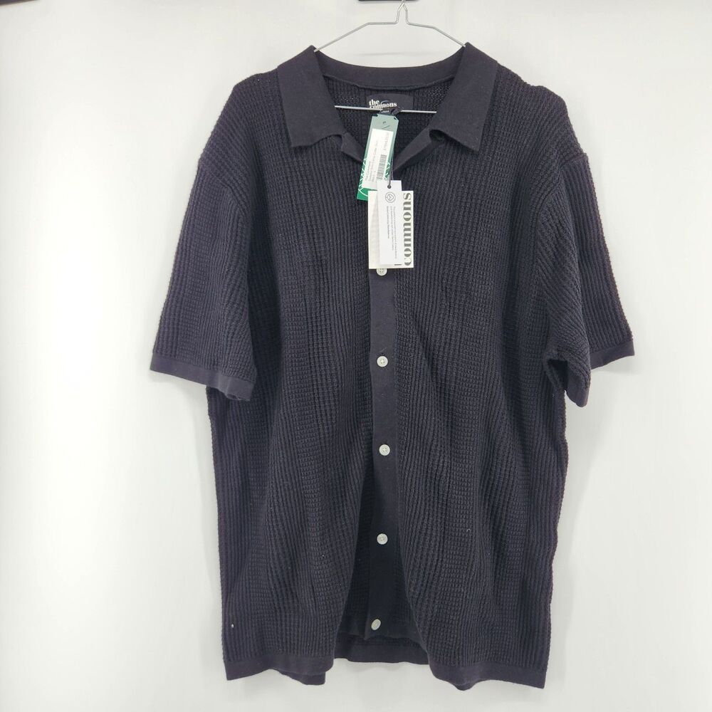 The Commons Men's Black Large Sweater Knit‎ Camp Collar Shirt NWT